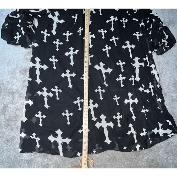R. Rouge Womens Black & White Flowy Cross Print Goth Boho Tunic Dress fits XL - Picture 3 of 6
